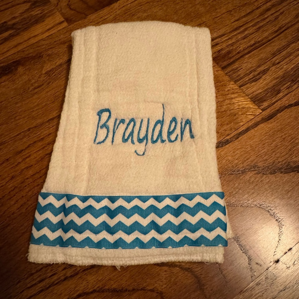 “Brayden” Personalized Burp Cloth with Blue Chevron Trim